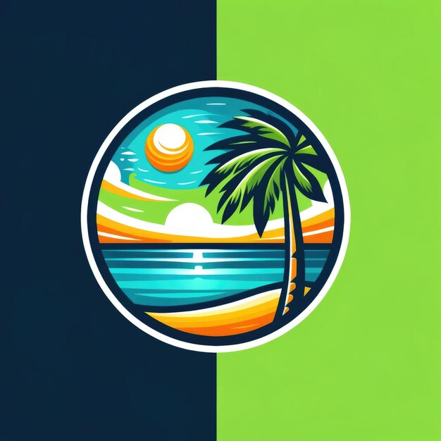 Foto vibrante logo tropicale con palma, mare e sole per i marchi di viaggi e resort