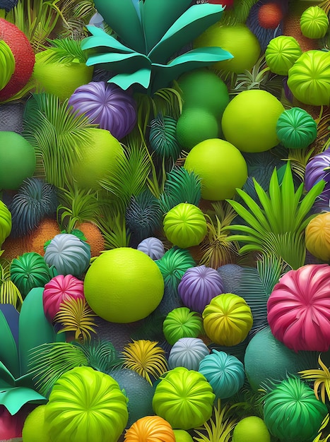 Vibrant tropical motif with fruits and palms