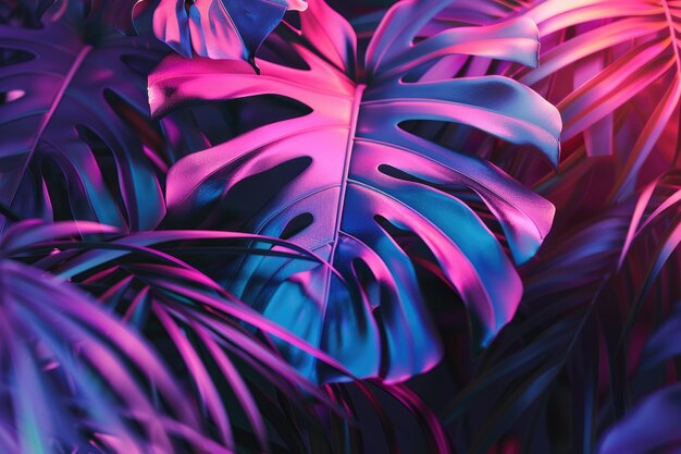 Vibrant tropical palm leaves in holographic colors surreal concept art