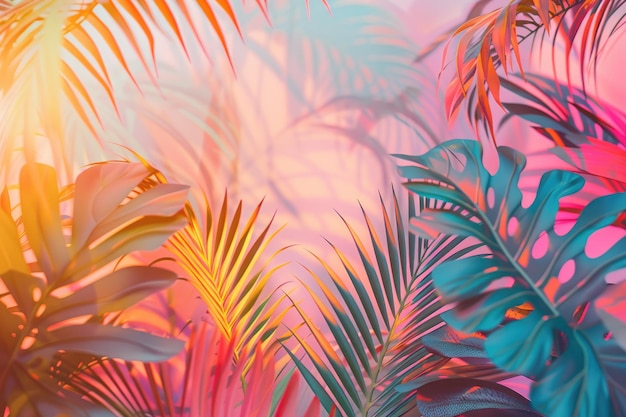 Vibrant tropical palm leaves in holographic neon gradient colors