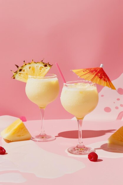 Vibrant Tropical Pineapple Cocktails on Pink Background with Sunshine Shadows