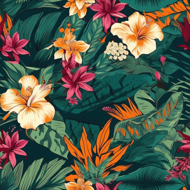 Vibrant tropical plants and flowers seamless pattern