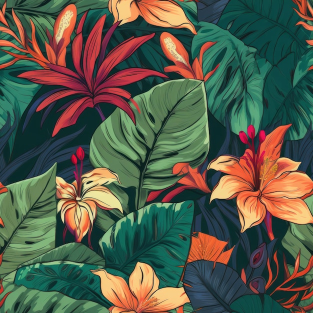 鮮やかな熱帯植物と花のシームレス パターン