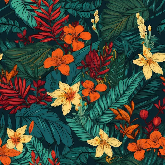 Vibrant Tropical Plants and Flowers Seamless Pattern