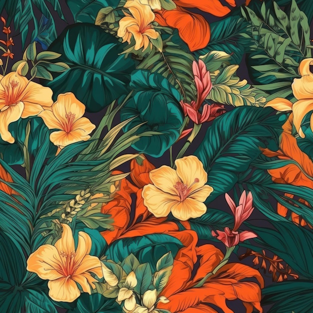 Vibrant Tropical Plants and Flowers Seamless Pattern