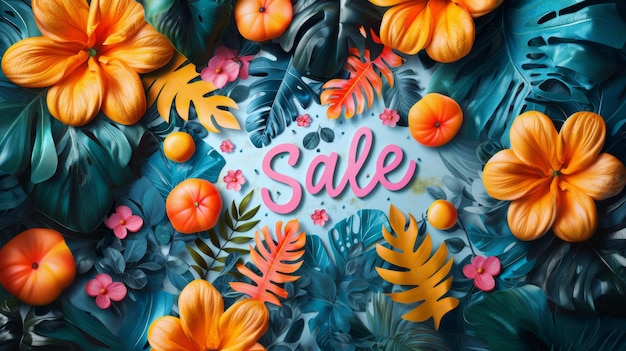 Photo vibrant tropical sale banner featuring bold text and lush florals