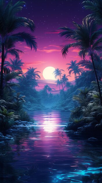 A vibrant tropical sunset with palm trees