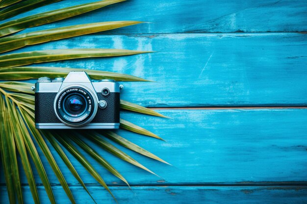 Photo vibrant tropical vibes closeup of camera and palm leaf on blue wooden background