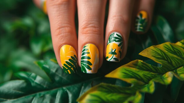 Vibrant TropicalInspired Nail Art on a Womans Fingers