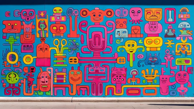 Vibrant Tucson Street Mural Keith Haring's Neon Glowing Graffiti Doodle Art brings Perfect Symmetry