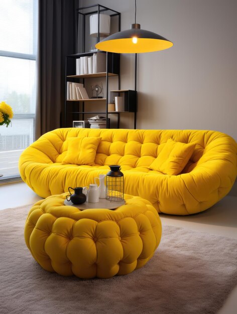 Vibrant tufted round yellow sofa and white coffee table interior design of modern living room