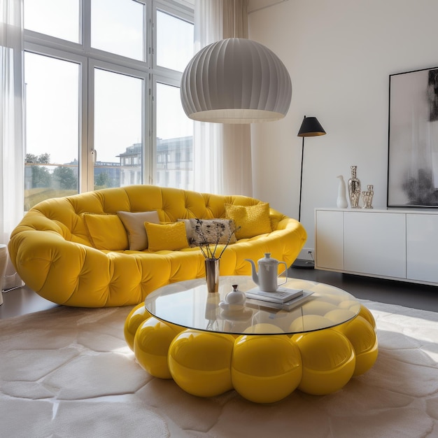 Vibrant tufted round yellow sofa and white coffee table Interior design of modern living room