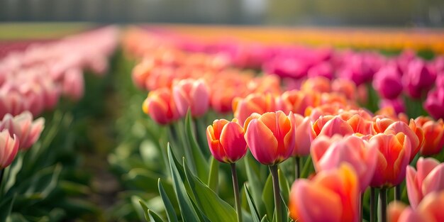 Vibrant tulip fields in bloom a perfect spring day ideal for backgrounds and nature themes AI