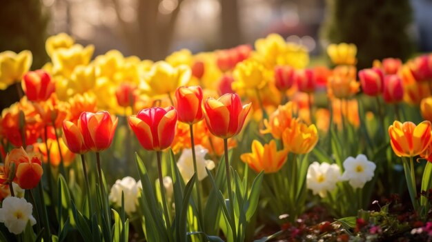 Vibrant tulips and daffodils in a garden with a blurred background