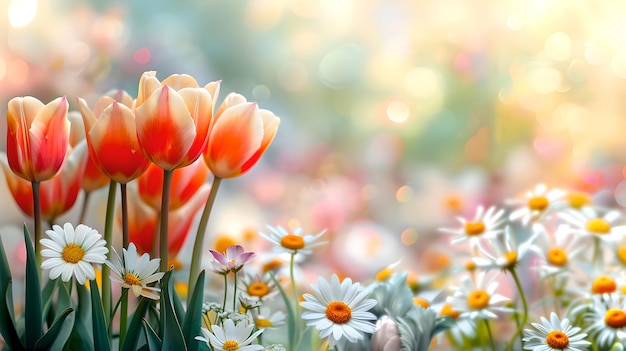 Foto tulipi e margherite vivaci che fioriscono al sole primaverile uno sfondo floreale fresco e colorato ideale per temi naturali e progetti di design ai