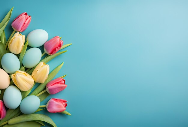 Vibrant Tulips and Easter Eggs Laid on Blue Surface