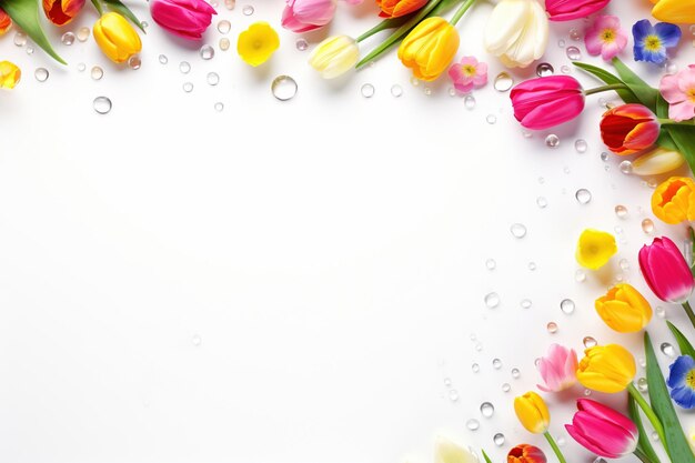 Vibrant tulips with dew drops on white background