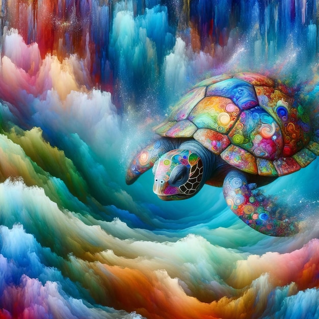 Vibrant Turtle Voyage in Abstract Cloudscape