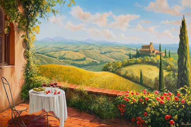 Foto un vivace paesaggio toscano con un patio in terracotta e un tavolo decorato con bicchieri di chianti