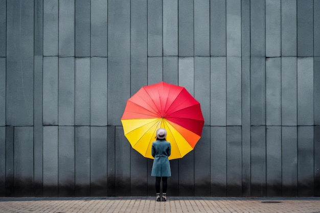 Photo vibrant umbrella beauty a woman stands confidently on a footpath against a gray wall