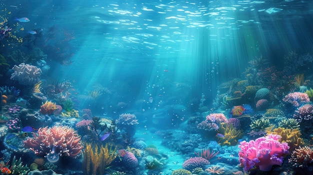 Vibrant Underwater Coral Reef Ecosystem A captivating underwater scene showcasing the dynamic and colorful life of a coral reef with sunlight filtering through the water