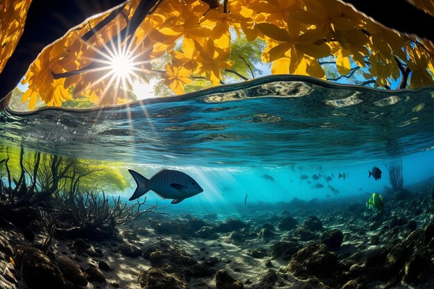 Foto la vivace barriera corallina sottomarina con il pesce chirurgo