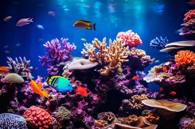 Vibrant underwater coral textures with tropical fish