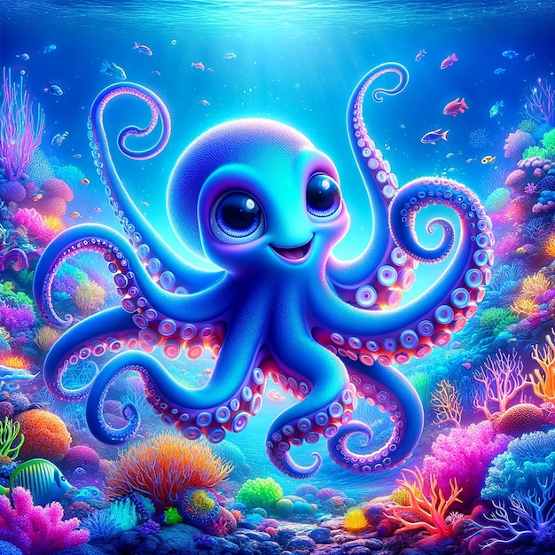 Vibrant Underwater Playful Octopus in Blue