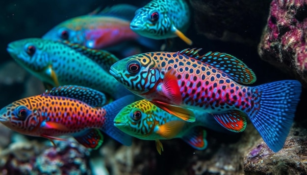 Foto vivaci banchi arcobaleno sottomarini di piccoli pesci generati dall'intelligenza artificiale
