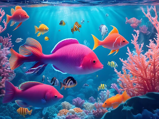 Vibrant Underwater Scene with Colorful Fish and Bubbles