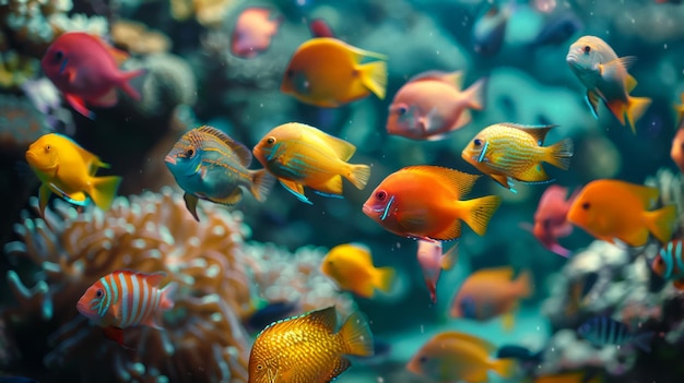 Vibrant Underwater Scene with Colorful Tropical Fish Swimming Around Coral Reef in Pristine Ocean