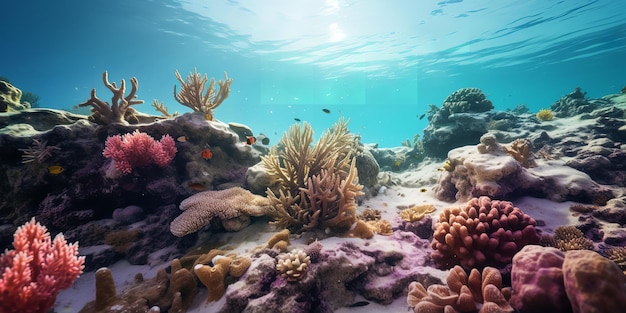 Vibrant underwater scene with coral reefs and fish with sunlight shining through the water