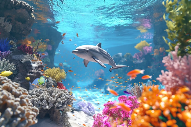 Vibrant underwater scene with a dolphin swimming among colorful coral reefs and tropical fish in clear blue water