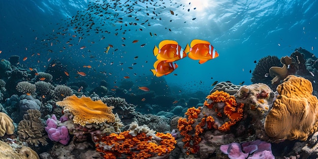 Vibrant underwater seascape with clownfish near coral reef marine life in ocean waters scuba diving adventure nature photography AI