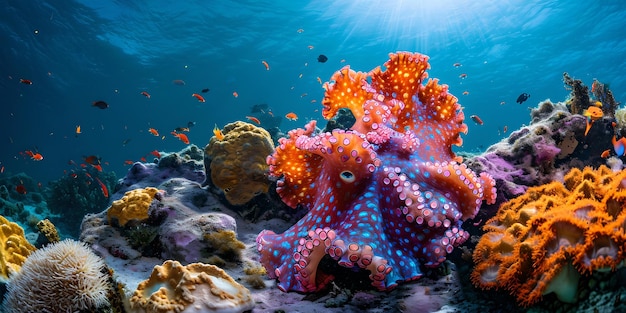 다채로운 산호와 해양 생물이 있는 활기찬 수중 해경은 자연 배경에 이상적입니다.