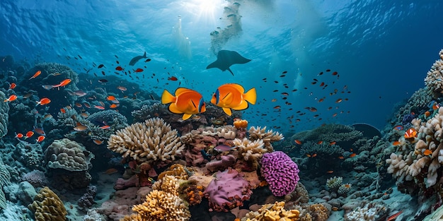 다채로운 물고기와 함께 활기찬 수중 해경 열대 산호초 생태계 해양 생명 서식지 자연 사진 AI