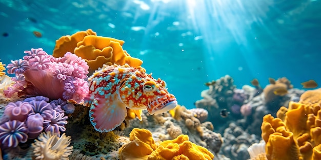 海底風景 太陽の光と色とりどりのサンゴ 海洋生物の生息地 海洋の美しさ AI