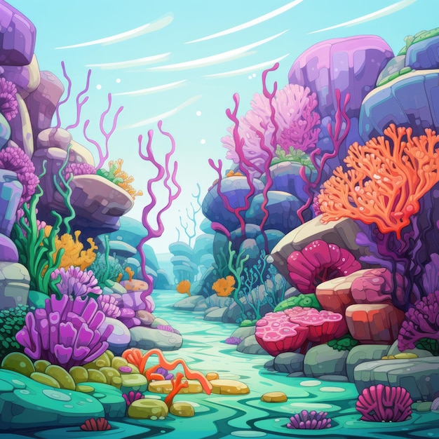 A Vibrant Underwater Wonderland Exploring Ocean Academia with a Colorful Cartoon Coral and Rocks