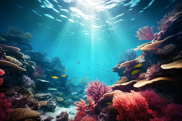 역동적인 수중 세계 생성 AI가 바다에 있는 장엄한 물고기 떼를 캡처합니다.