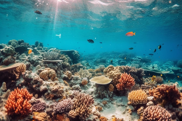 Vibrant underwater world with colorful marine life and coral reefs created with generative ai