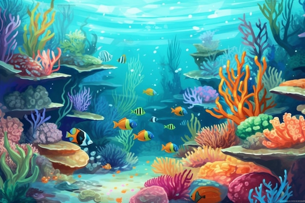 Vibrant underwater world with colorful marine life and coral reefs created with generative ai