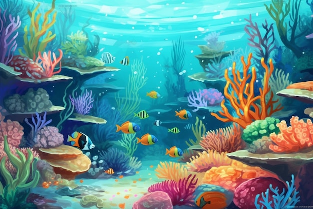 Vibrant Underwater World with Colorful Marine Life and Coral Reefs Created with Generative AI