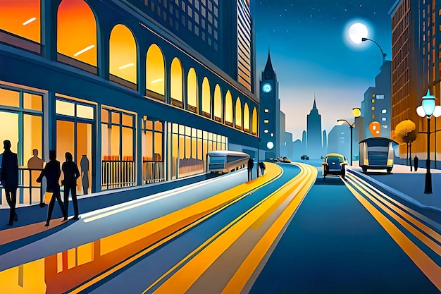 夜のにぎやかな街路を示す活気に満ちた都市景観のイラスト背景
