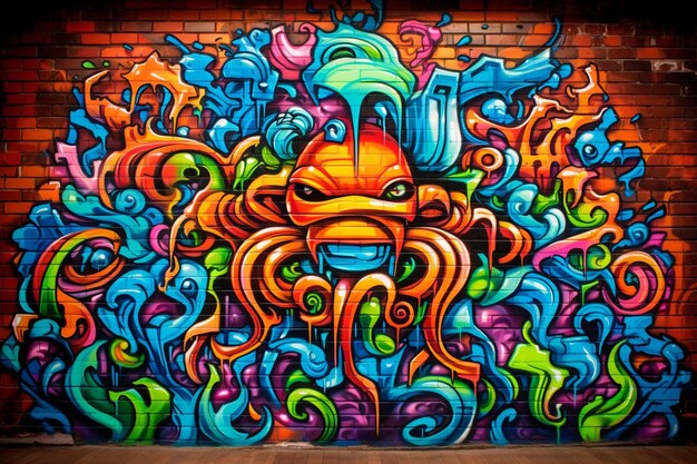 Vibrant urban graffiti on weathered brick wall