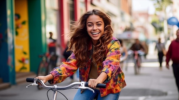 Яркий городской образ жизни: молодая женщина ездит на велосипеде по оживленной городской улице.