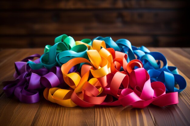Photo vibrant variety a kaleidoscope of curled colorful ribbons on a wooden table