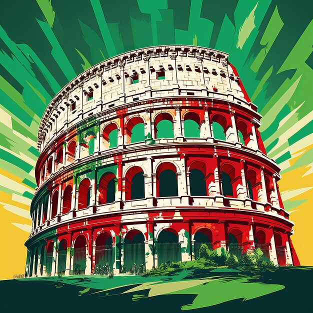 Vibrant vector illustration italy flagcolored colosseum on a green background with bold lines