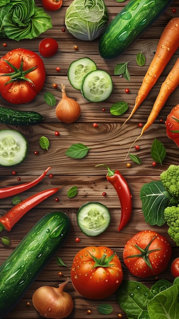 Photo vibrant vegetable assortment on a wooden surface freshness and natural textures emphasized