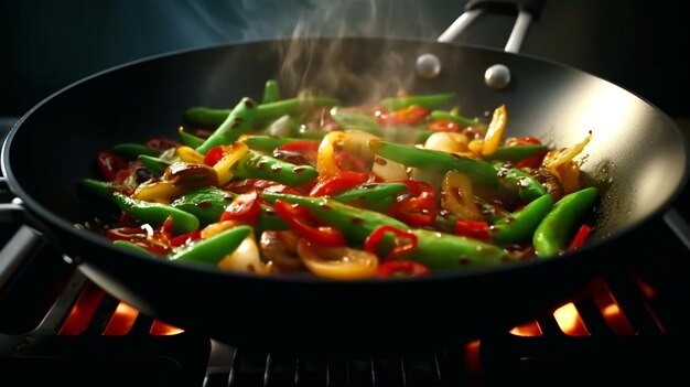 A vibrant vegetable stir fry in a sizzling hot pan