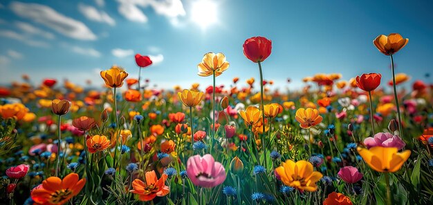 Vibrant veld van lente bloemen gebadend in zonlicht met majestueuze bergen op de achtergrond